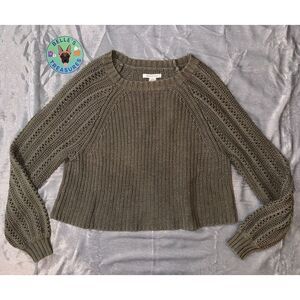 American Eagle Olive Green‎ Chunky Knit Cropped Sweater Balloon Sleeve Large